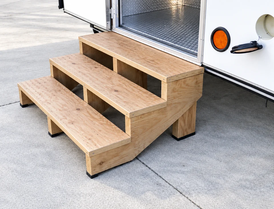 Illustrative wood entry stairs and landing at a mobile trailer