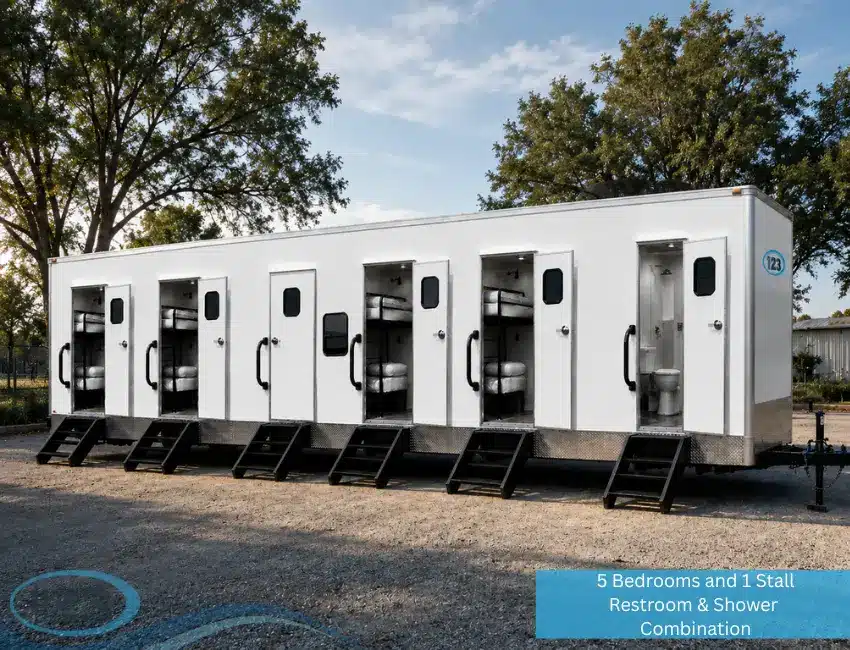 5-bedroom sleeper trailer with one restroom and shower combination designed for workforce housing, emergency response, construction crews, and remote job sites.