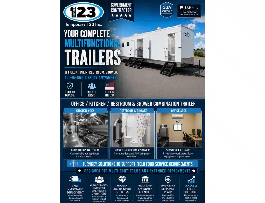 Temporary 123 multifunctional office, sleeper, restroom and shower combination trailer with turnkey mobile facility solutions for government, military, construction, and disaster response.