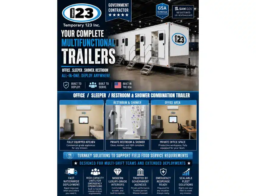 Temporary 123 multifunctional office, commercial kitchen, restroom and shower combination trailer designed for field operations, emergency response, and government projects.