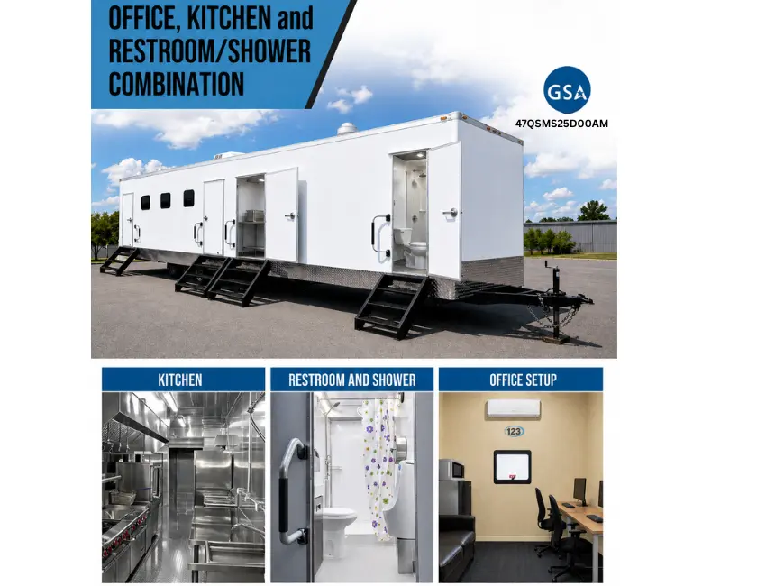 Mobile office, commercial kitchen, restroom and shower combination trailer for construction sites, disaster relief, military operations, and temporary facilities.